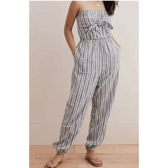 Aerie Jumpsuit Womens Small Blue White Striped Jogger Strapless Smocked Coastal - Picture 1 of 9